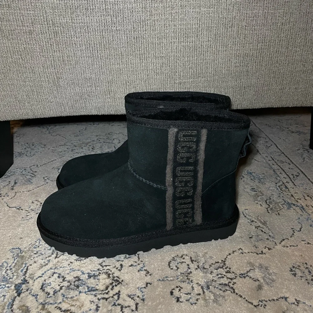 UGG Classic Mini Shearling Logo Black Suede Ankle Women’s Boots